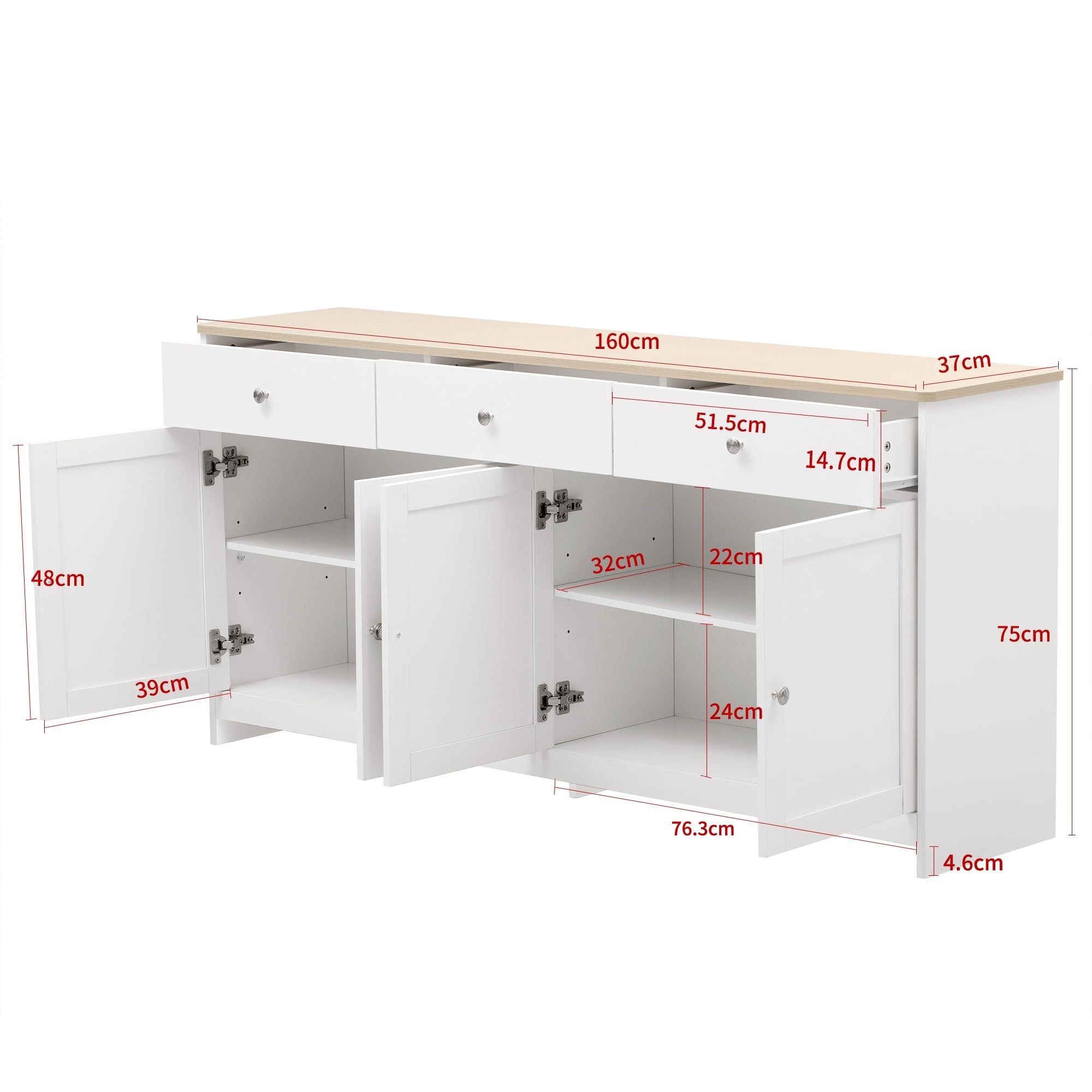 Aparador Cocina, Aparador Mueble de Cocina, Buffet Comedor Salon con 4 Puertas, Modern Mueble Auxiliar para Buffet, Vitrina con Estantes Regulables para Dormitorio y Salón, Blanco, 160x37x75cm