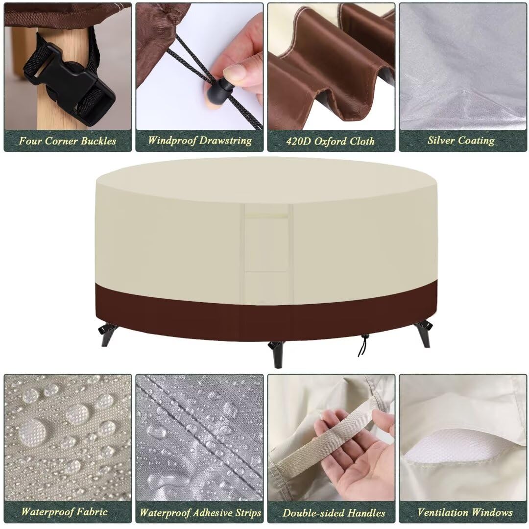 Copertura per Mobili da Giardino Rotonda Copertura per Tavolo Esterno Impermeabile Coperture Antipolvere Tessuto Oxford 420D Copri Tavolo da Patio Beige Marrone 200x95cm
