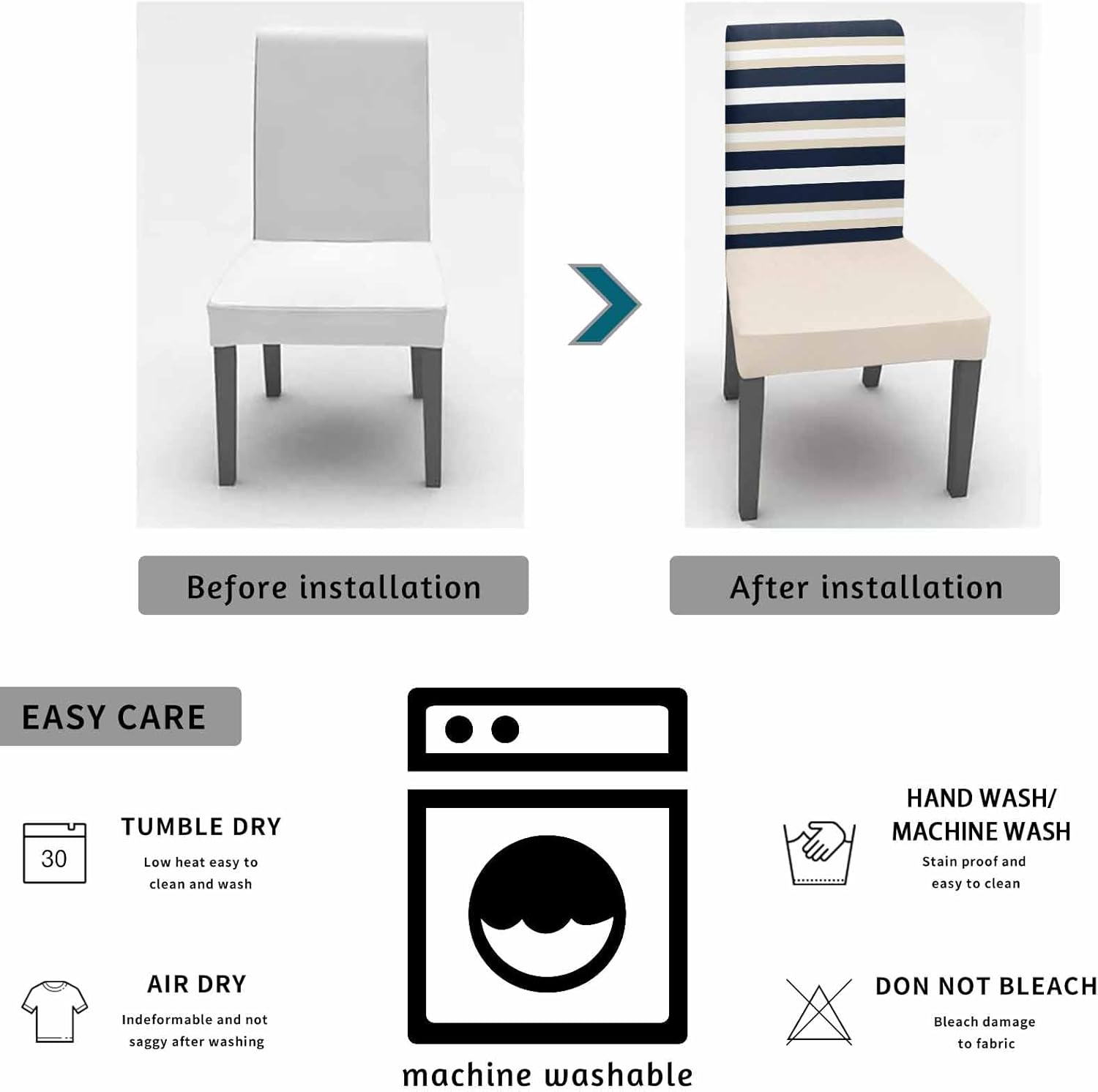 Navy Blue Khaki Dining Chair Cover Set of 4 Stretch Protectors Slipcover, Minimalist White Geometric Stripe Spandex Kitchen Chair Seat Back Cushion Slip Cover for Dining Room, Party, Hotel, Ceremony
