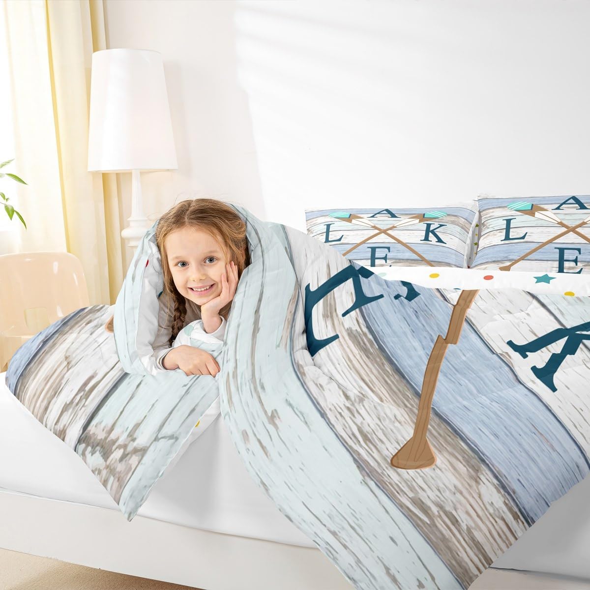 Castle Fairy Lake Boating Comforter Set for Kids Room Decor Lodge Cabin Wooden Stripes Bedding Comforter Full Size Stripe Oar Rustic Style Soft Polyester Quilt Set with 2 Pillowcases