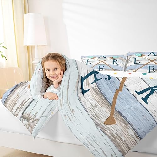 Miniatura 3 de Castle Fairy Juego de edredón de lancha con diseño de lago para decoración de habitación de niños, diseño geométrico retro, rayas de madera, tamaño