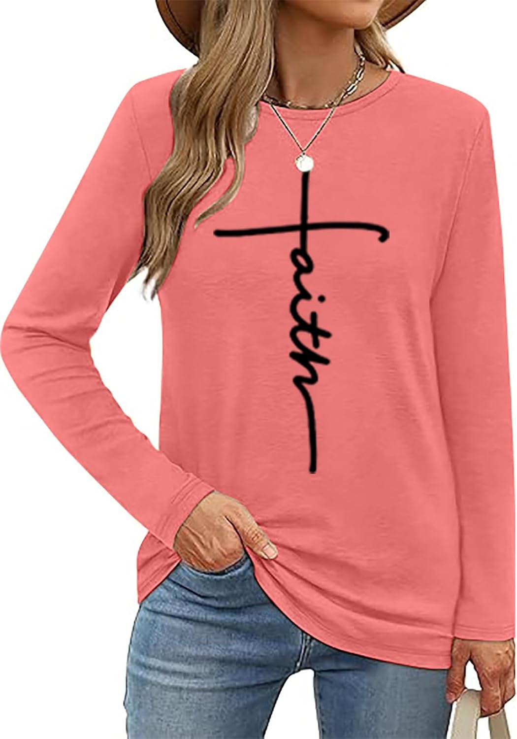 Faith Shirts for Women Letter Printed Casual Long Sleeve Tee Top - Image 2