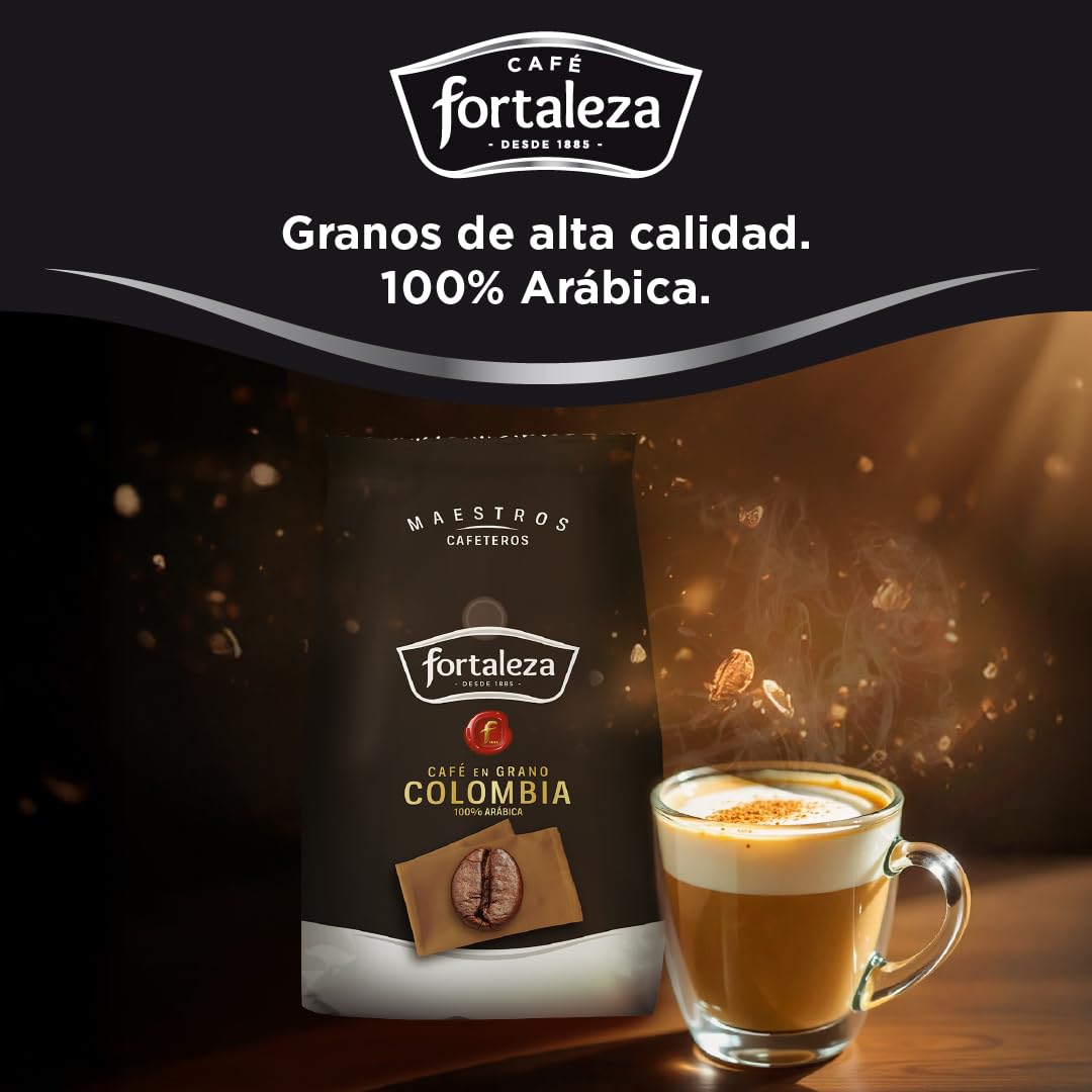 CAFÉ FORTALEZA Café en Grano Colombia 500g x 6 - Total 3KG - Uno de los Orígenes más populares, de variedad 100% Arábica. Café de exquisita suavidad y aroma incomparable.
