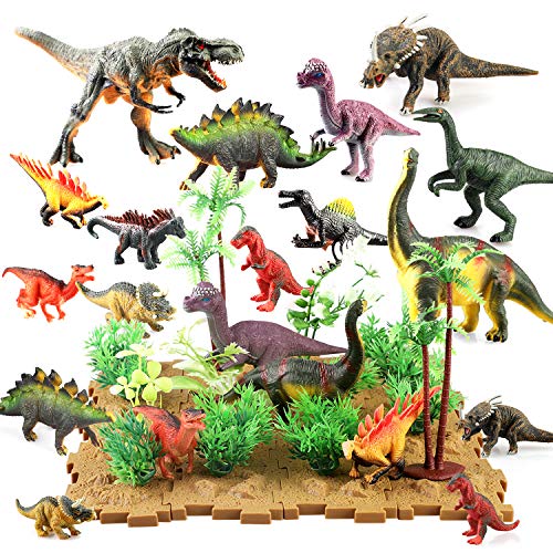 BeebeeRun Dinosaur Figures Dinosaur Toys Realistic Educational Playset Cake Topper with Tree Plant
