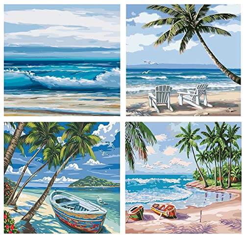Paint by Numbers for Adults, 4 Pack DIY Oil Painting Paint by Numbers, Blue Ocean Drawing Paintwork with Paintbrushes,Painting by Numbers Perfect for Home Wall Gift Decor