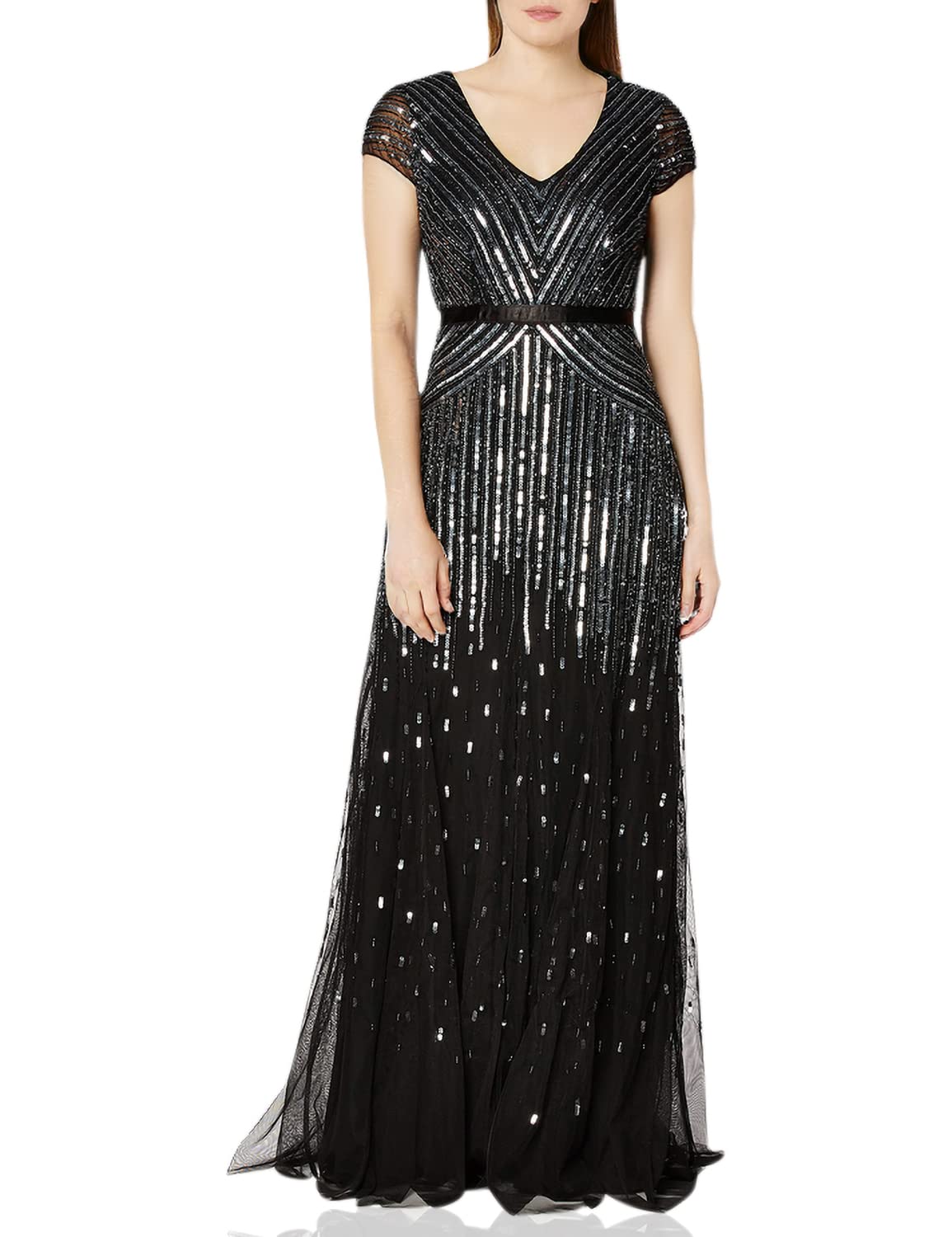 Adrianna Papell Women's Long Beaded V-Neck Dress with Cap Sleeves and Waistband