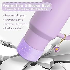 Stanley Cup Accessories Set,Including 2 Pcs 0.4in Straw Cover, 1 Silicone Spill-Proof Stopper Set of 3, 1 Cute Purple Flower Handle Charm, 1 Silicone Boot Fits Stanley 40&30 Oz Tumbler (Purple)