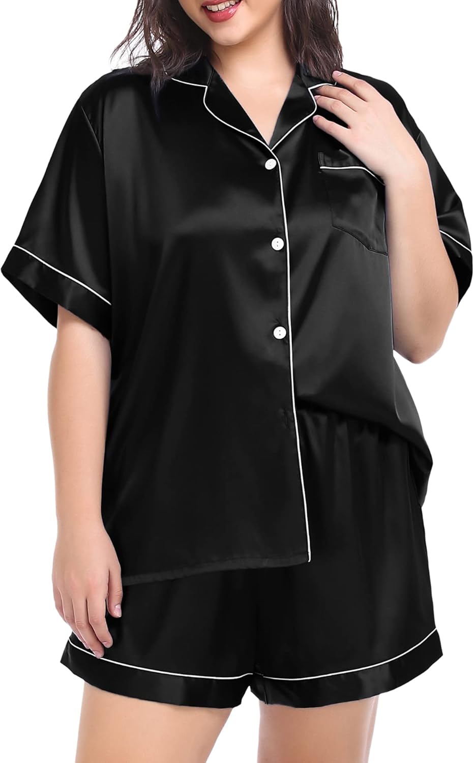 SWOMOG Women's Plus Size Pajama Set Silk Satin Pajamas Button Down Loungewear Short