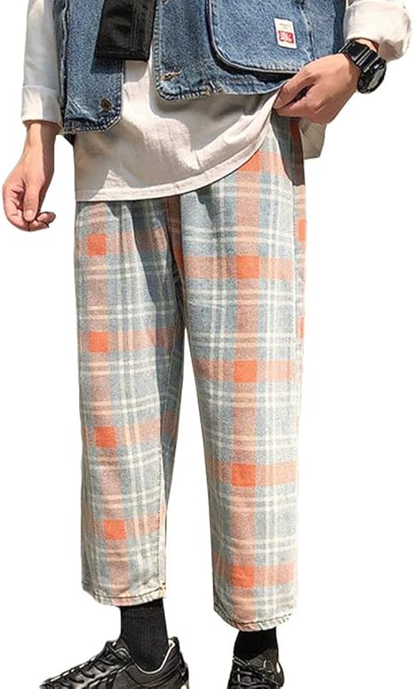 Amazon Zhongjue ジュージェン チェックパンツ メンズ ゆったり ワイドパンツ デニム チェック柄 ファッション ロングパンツ アンクル丈 おしゃれ デニムパンツ ストリート系 ジーンズ 通販
