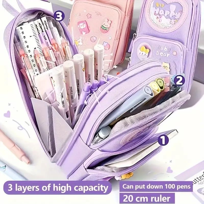 Image of Canvas School Bag Pencil Case, 3 Layer 6 Compartment Large Capacity, Aesthetic Pencil Pouch for Stationary, Cute Stationery for Kids, Pencil Case for Girls & Boys (Happy Time Combo)