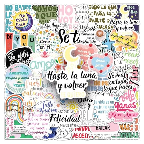 50Pcs Spanish Motivational Stickers, Waterproof Inspirational Positive Affirmation Vinyl Aesthetic Decals for Water Bottle, Laptop, Scrapbook, Skateboard, Children, Teenagers, Boys, Girls, Adults