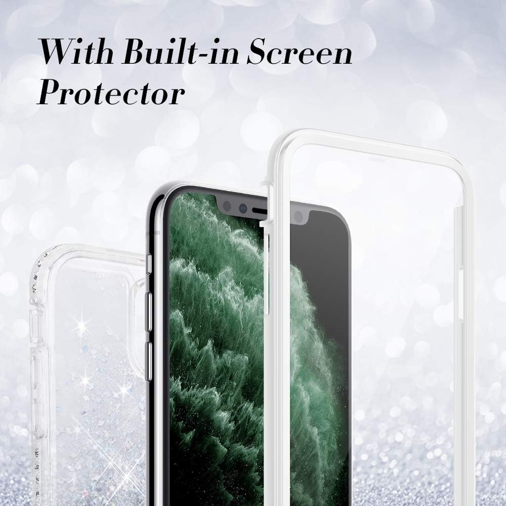 Caka iPhone 11 Pro Case, iPhone 11 Pro Glitter Liquid Full Body Case with Built in Screen Protector Moving Bling Quicksand Girls Girly Women Protective Case for iPhone 11 Pro (White Daisy)