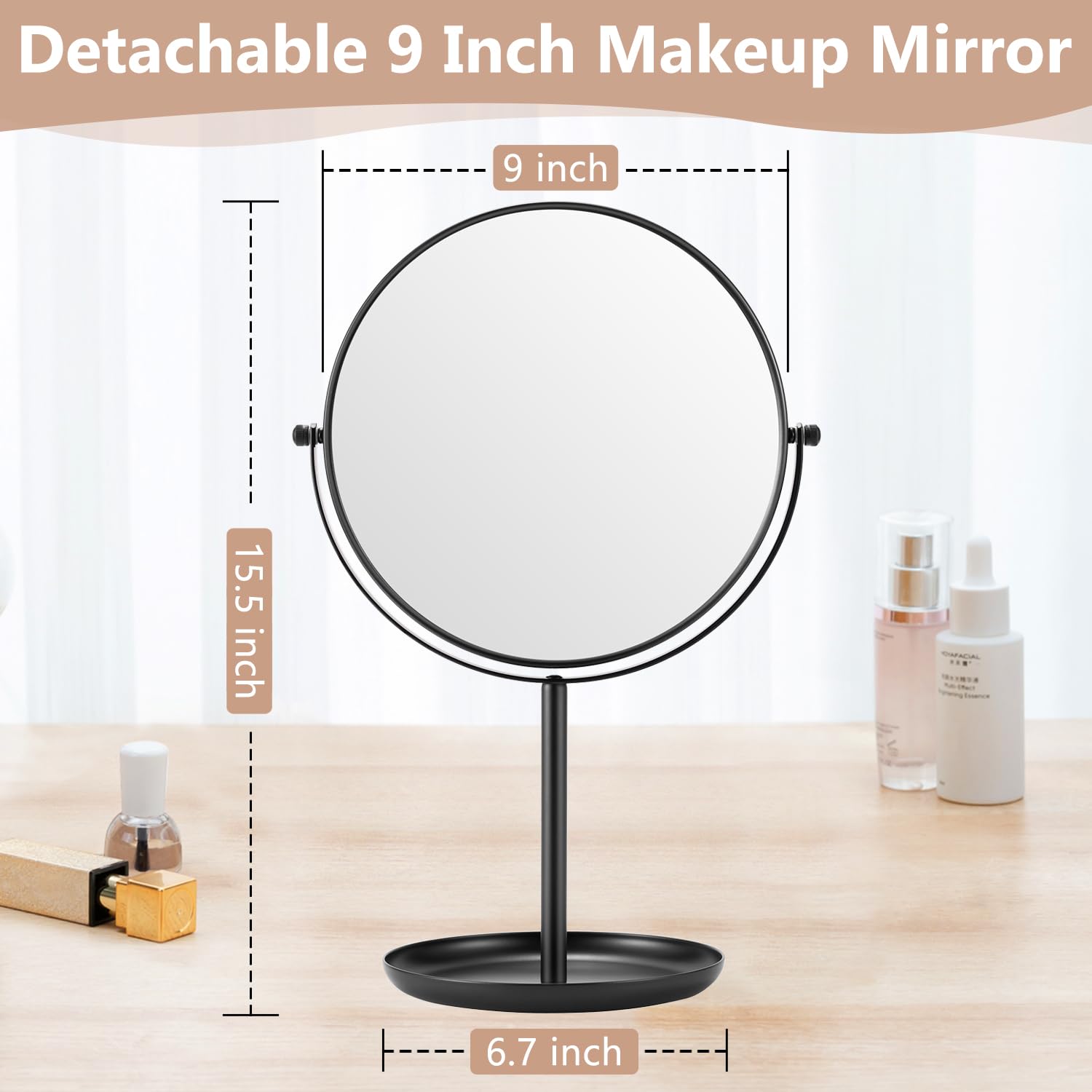 DECLUTTR 15X Magnifying Makeup Mirror, 9 Inch Tabletop Mirror on Stand, Large Double Sided Mirror for Desk,: Black