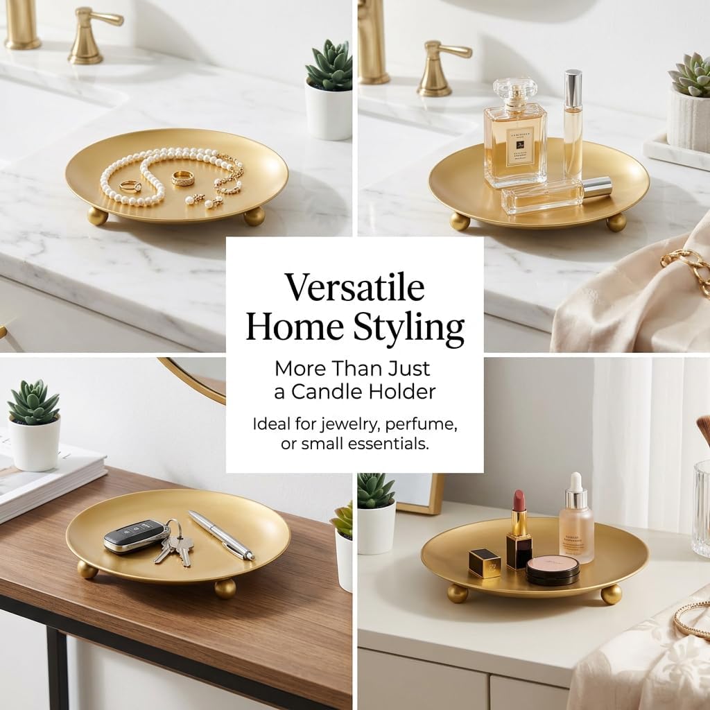 Set of 3 Gold Metal 3-Legged Candle Holder Trays - Decorative Round Candle Plates for Pillar/Votive Candles, Tabletop Centerpiece for Home Decor, Wedding, Housewarming (Gold)