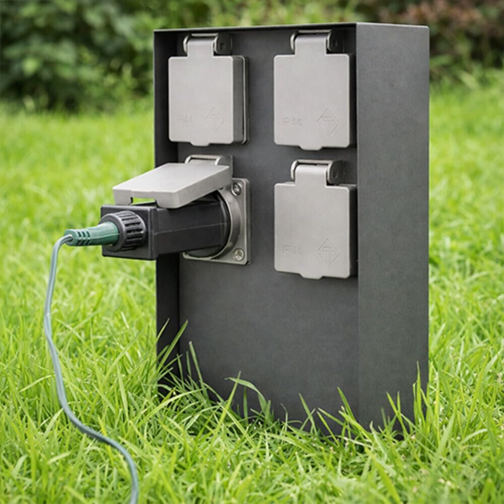 LED Universum Gartensteckdose 4-fach, Steckdosensäule aus Edelstahl, anthrazit, IP44 spritzwassergeschützt, 3680 W Gesamtleistung, kompakt 70 x 143 x 230 mm, Federklappdeckel für außen