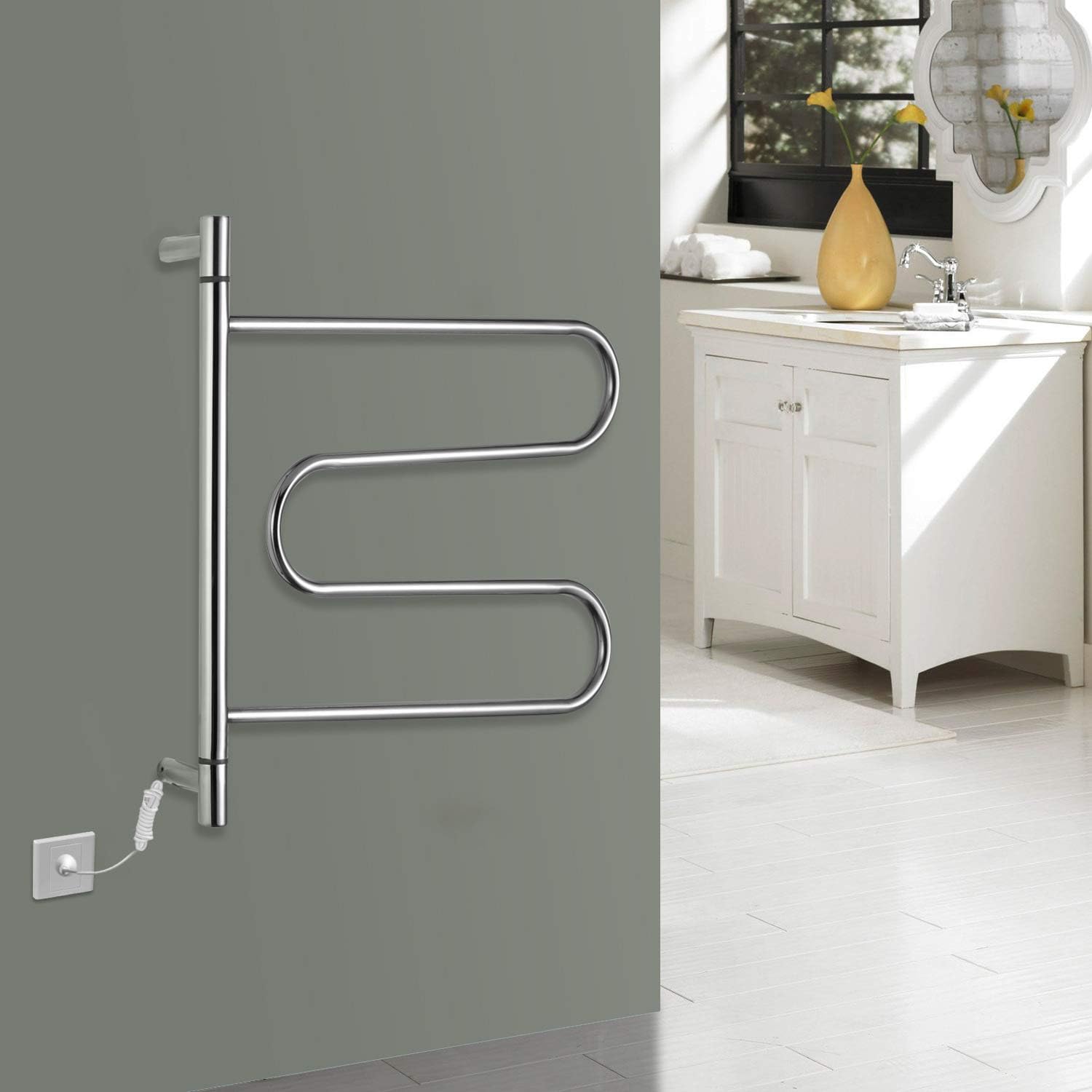 Towel Warmer Electric Heating Towel Rack Wall Mounted Stainless Steel Drying Rail for Home Bathroom Can 180° Swivel