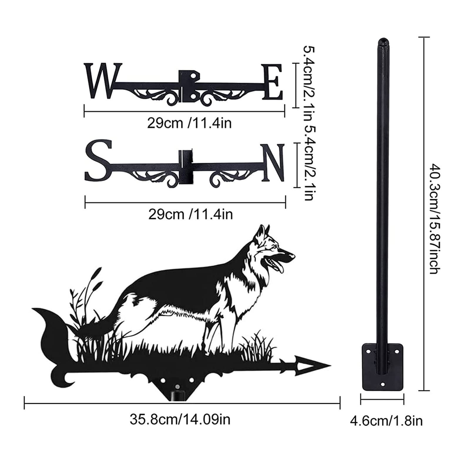 BRLIBESE Metal German Shepherd Dog Weathervane Gardens Roof Mount Ornament Weather Vane Direction Indicator Measuring Tool for Home Garden Patio Yard Decor