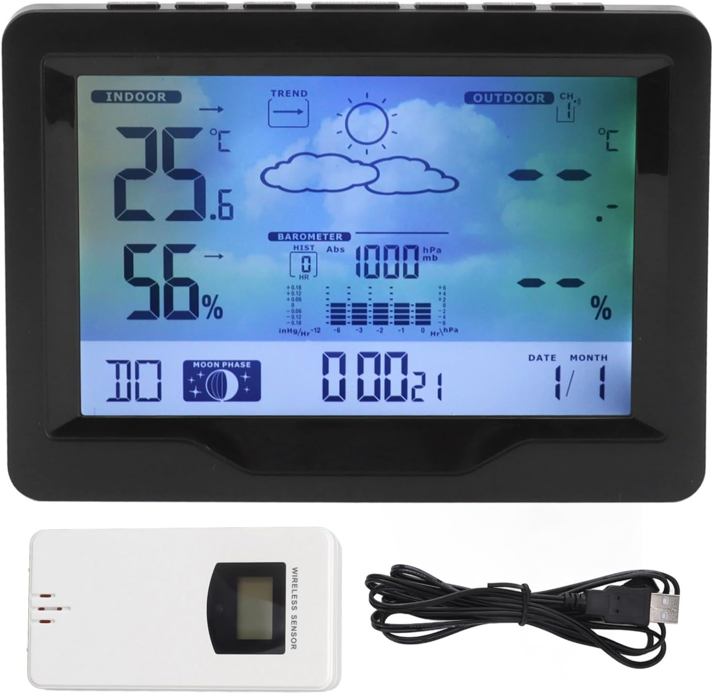 Weather Clock with Indoor Outdoor Temperature and Humidity, USB Powered Home Forecast Monitor - Dual Alarm Snooze, Frost and Comfort Alerts, Multilingual Display