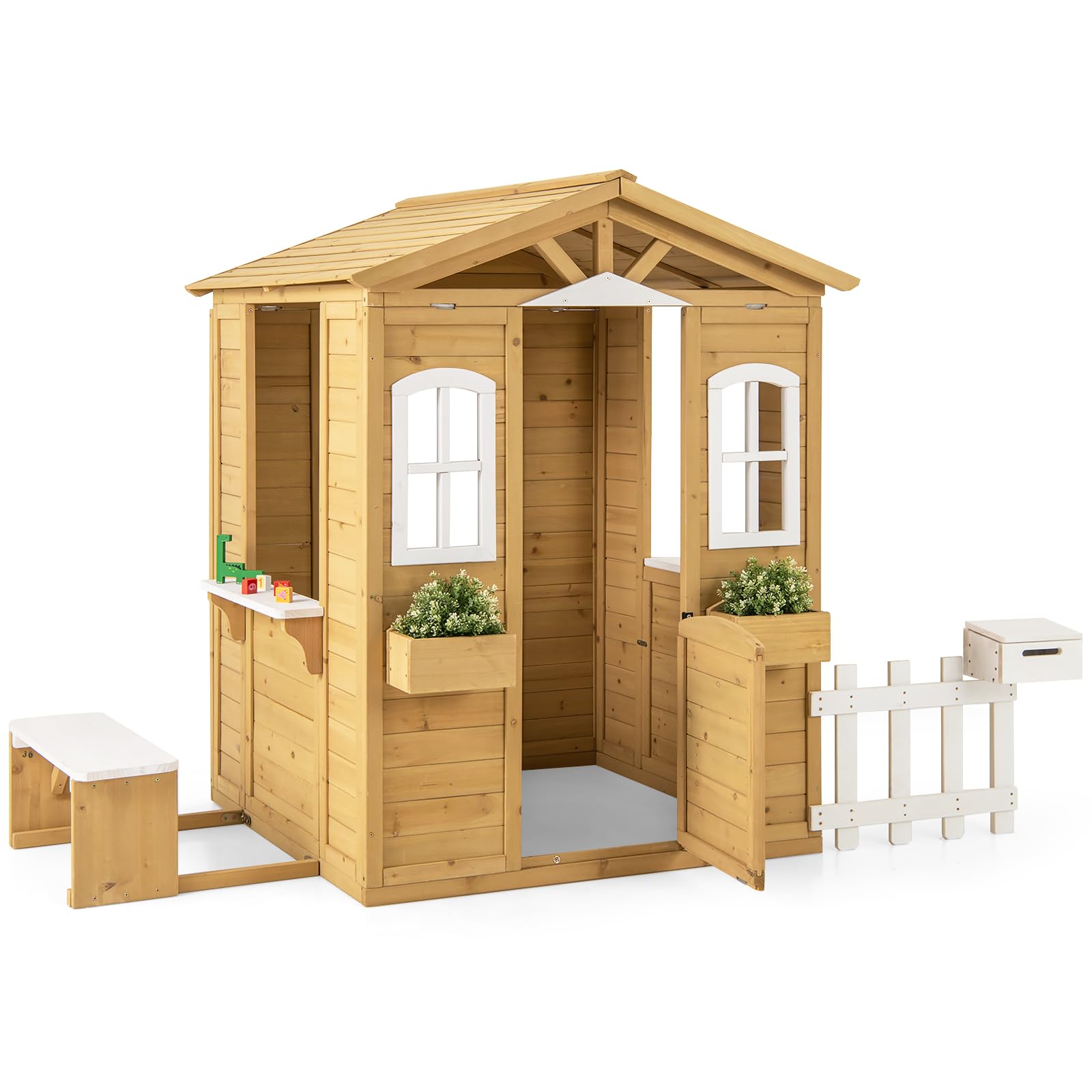 GLACER Outdoor Playhouse, Wooden Kids Play House w/Picnic Bench, Half Door, Windows, Mailbox, Fence, Flowerpot Holders, Cottage Playhouse for Backyard, Garden, Lawn, Patio, Gift for Boys Girls