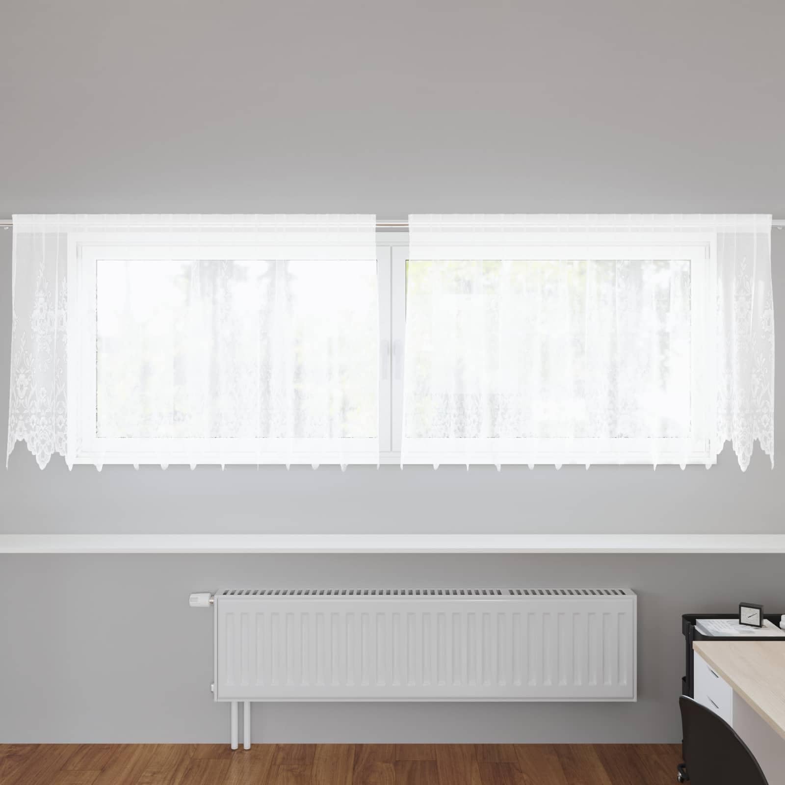Koronkowa zasłona biała z poliestru 80 x 300 cm z dekoracyjnym woalem, przezroczysta zasłona okienna do salonu, sypialni, wszechstronne zawieszenie z pętelkami i taśmą marszczącą
