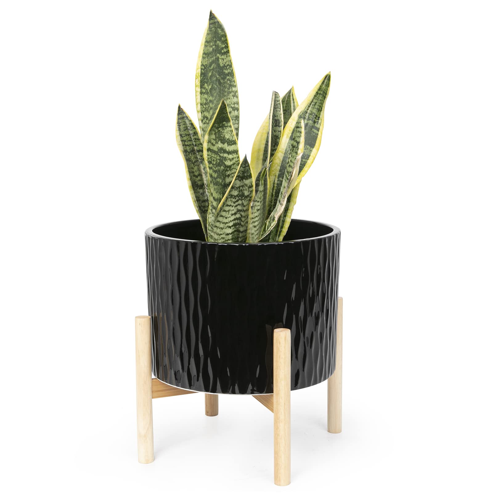 LaDoVita Ceramic Plant Pot with Stand, 10 Inch Planter with Wood Shelf