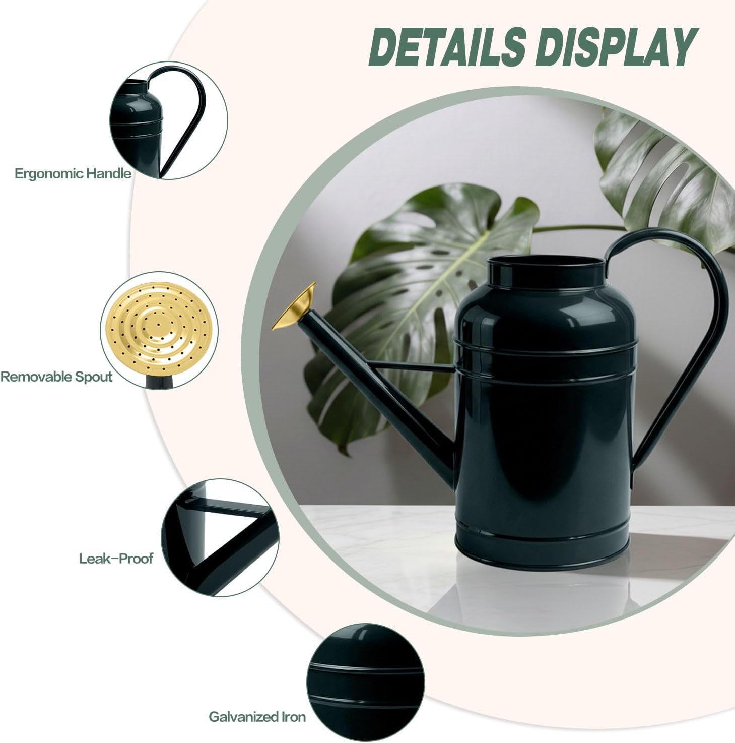 LONGRUN 2.3 Gallon Dark Green Metal Watering Can Gold Nozzle for Plants and Garden with Removable Spout, Made of Galvanized Iron image 3
