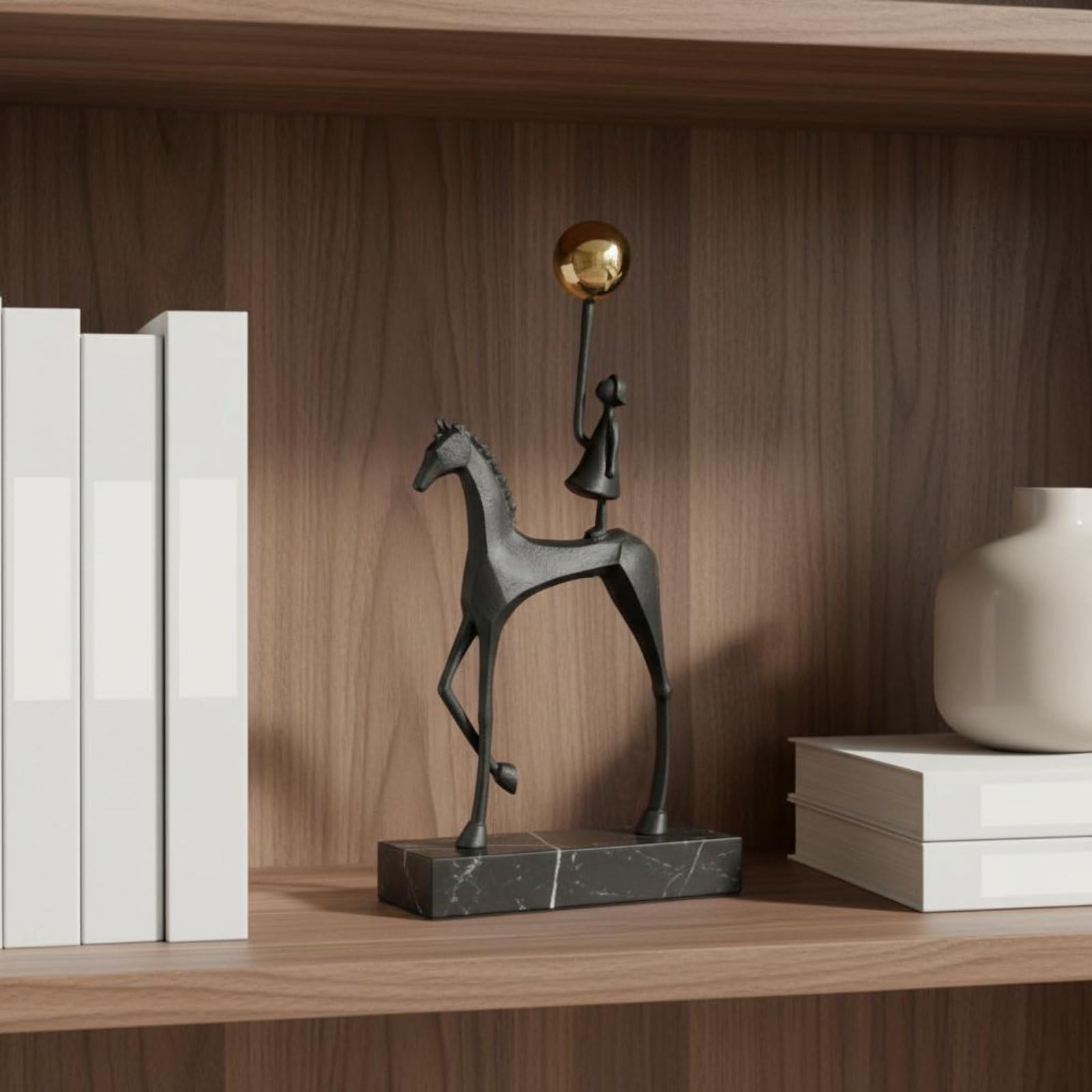 F Fityle Escultura Caballo Figura Ecuestre Estatua Ornamental Decorativo en Hierro Fundido con Base de Mármol Apariencia Moderna Acabado Metal Adecuada para