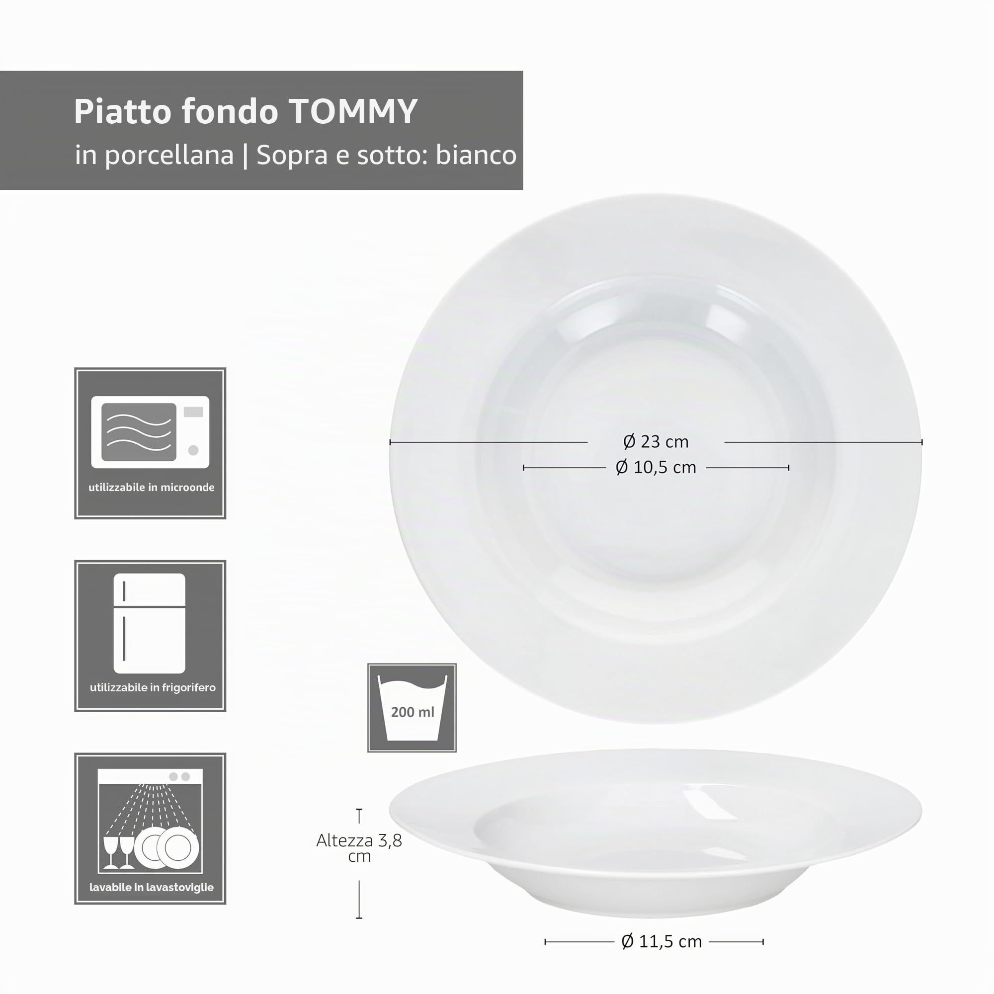 MamboCat Tommy - Set di 6 piatti fondi da 200 ml, in porcellana bianca profonda per 6 persone, piatti per insalata, zuppa, cereali, pasta & Co. I piatti eleganti per colazione, pranzo e pane da sera