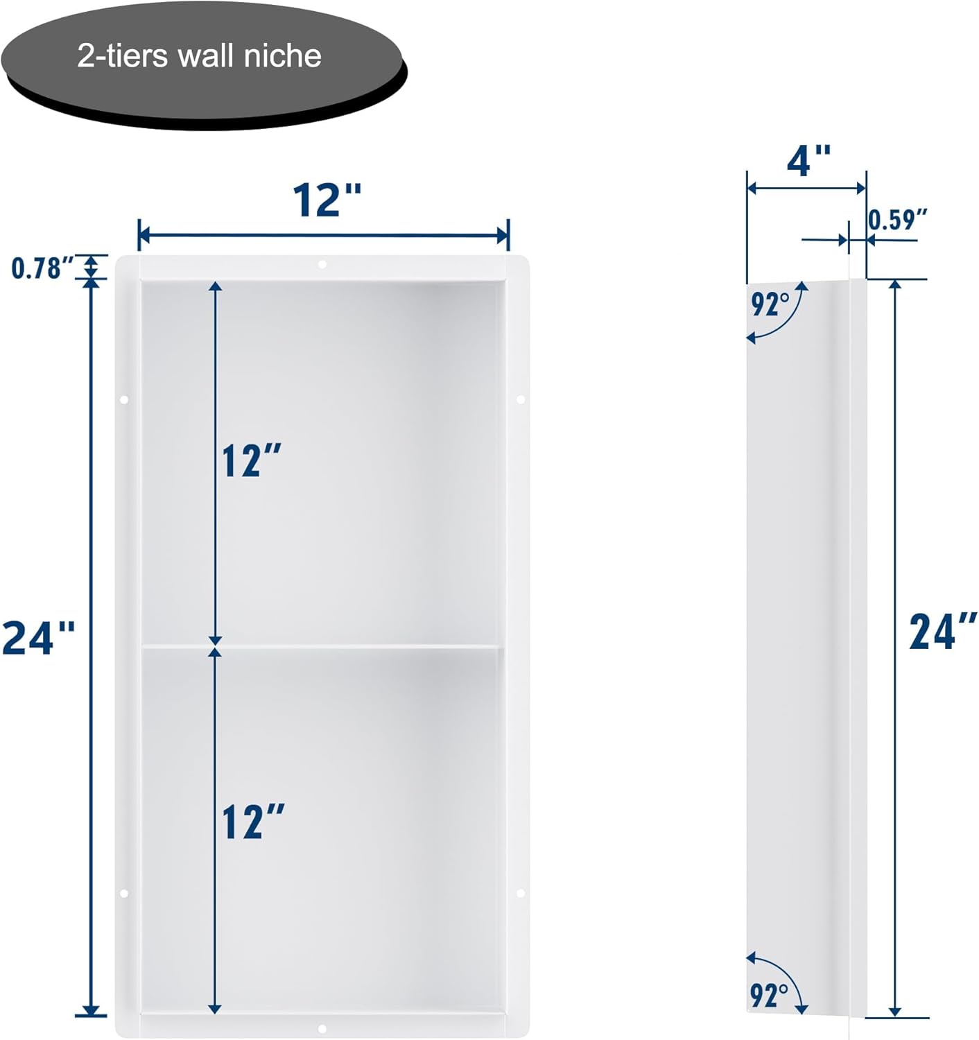 Neodrain 2-Tier 24X12Inch White Shower Niche, Rimless Bathroom Wall Niche Recessed Stainless Steel Waterproof Tile Ready Shower Cubby for Bathroom Storage Organizer
