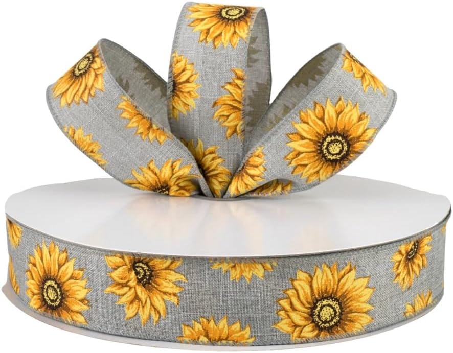 Sunflower Floral Gray Canvas Ribbon, 1.5" Wired Ribbon, Sunflower Ribbon for Making Wreaths Bows Gift Wrap Any Craft Project (Gray, 15 Feet)
