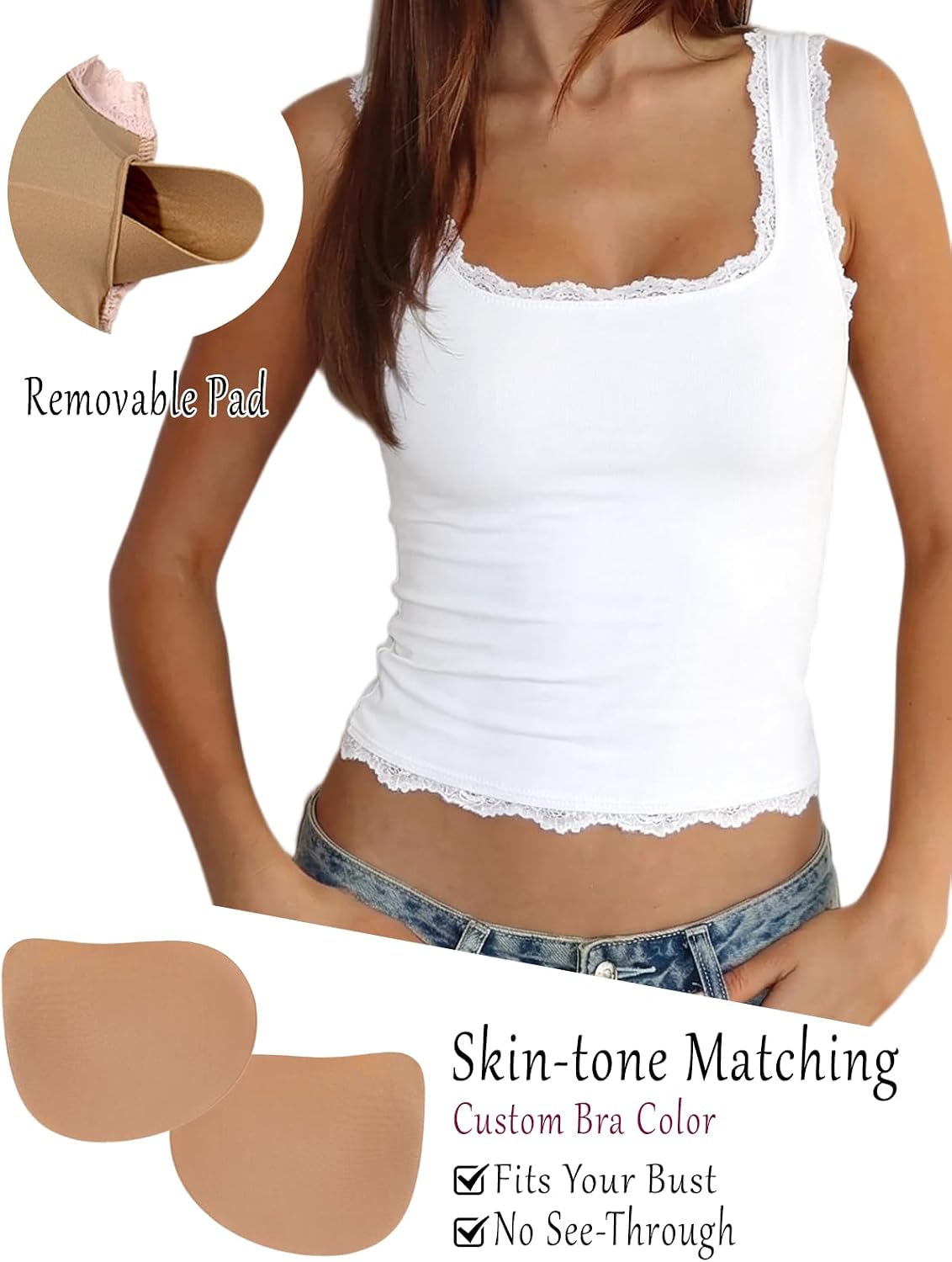 Starrylion Padded Lace Crop Tank Top Square Neck Double Lined Basic Going Out Tops