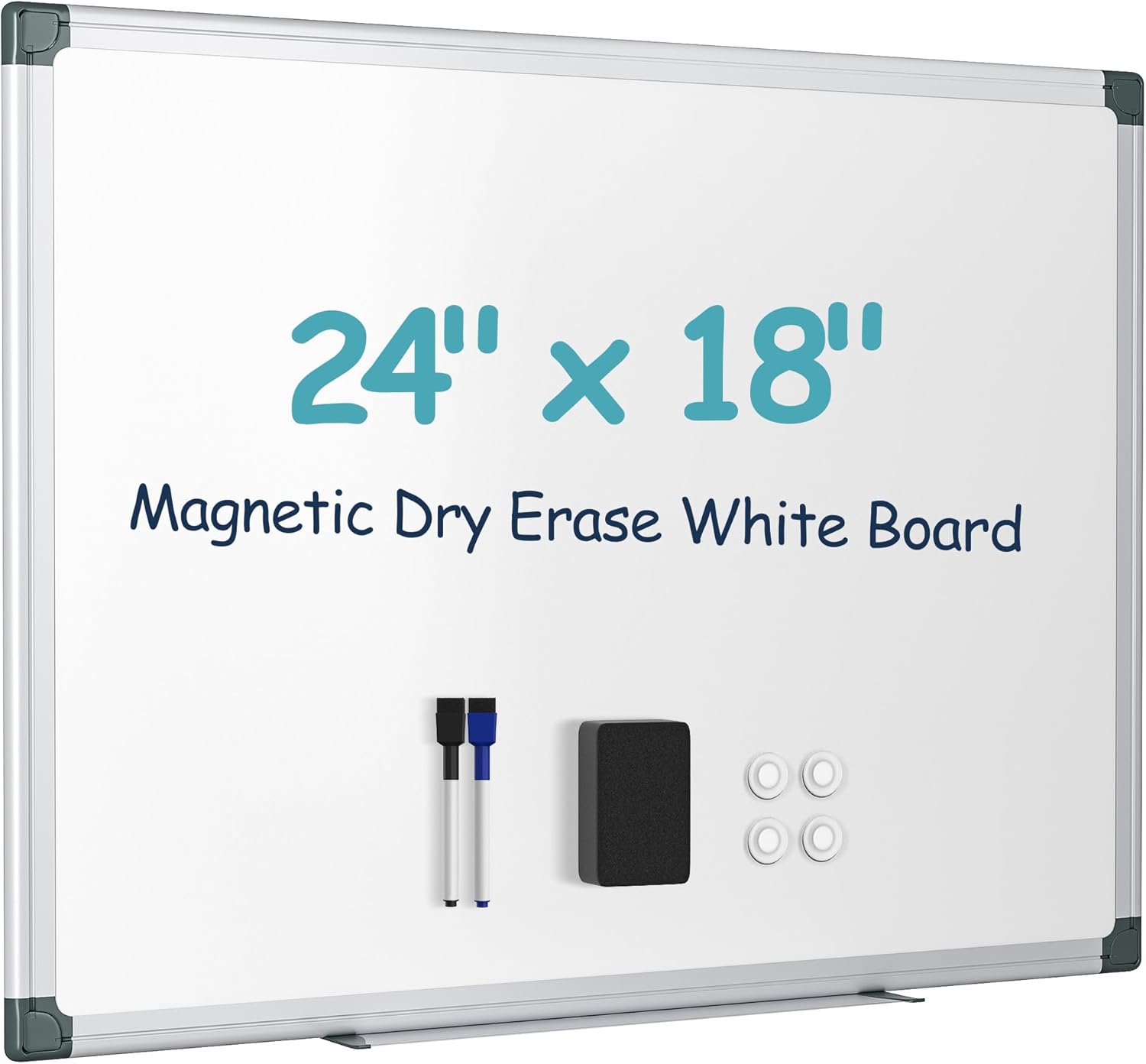 24"x18" white board for wall, aluminum frame dry erase board, hanging magnetic whiteboard with 1 eraser & 2 markers & 4 magnets for home, school, office, dorm room, classroom