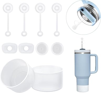 Stanley Bardak Aksesuarları 6 Parça Set, 2 Hasır Kapak Kapağı, 2 Kare Dökülme Durdurucu ve 2 Yuvarlak Sızıntı Durdurucu, Stanley Cup için 2 Adet Silikon Bot 40 oz, 30 oz ve 20 oz Bardak (Beyaz)