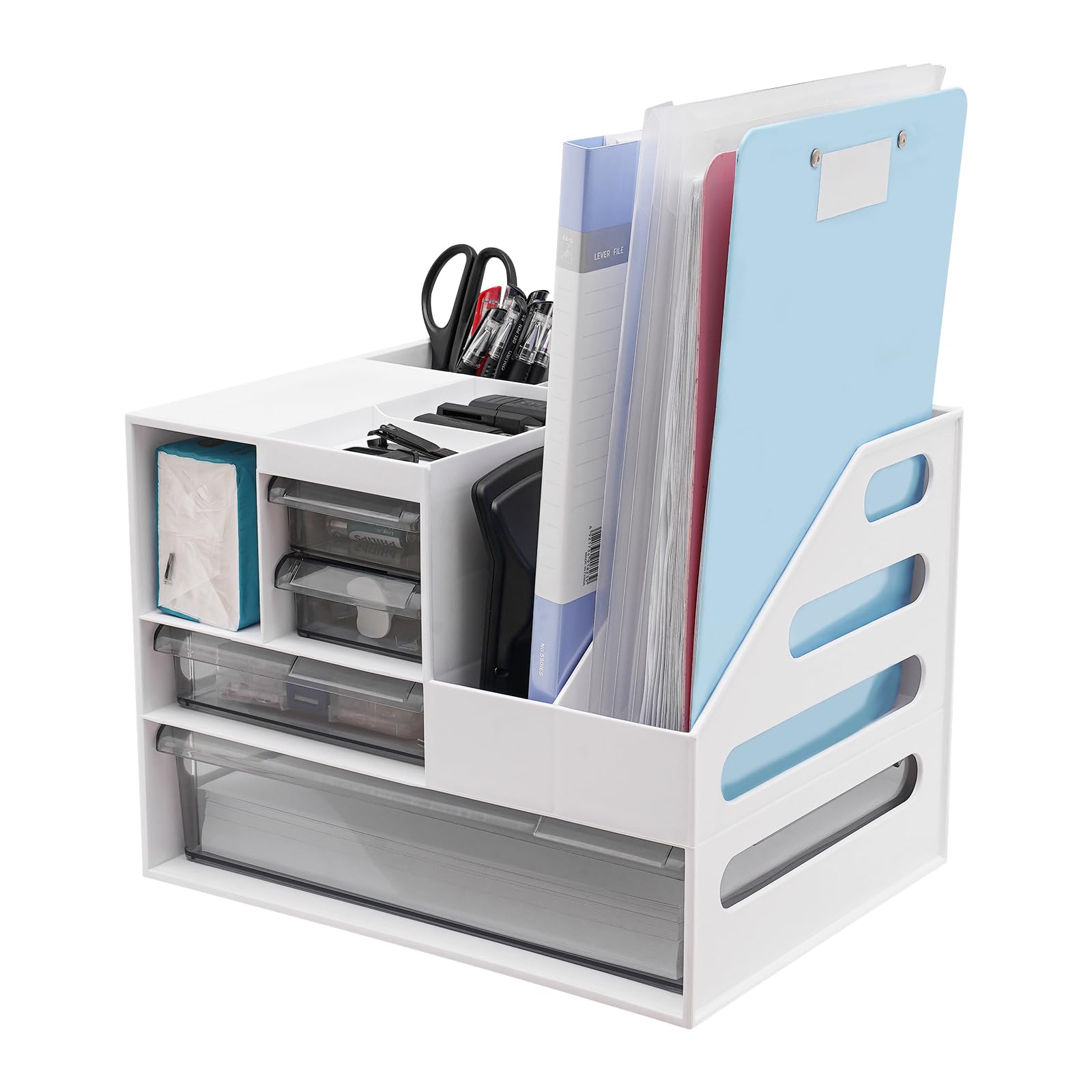 Organizer da scrivania con porta documenti, pratici manici, adesivi per etichette, con design a taglio laterale, organizer da scrivania in rete con porta riviste, colore: bianco
