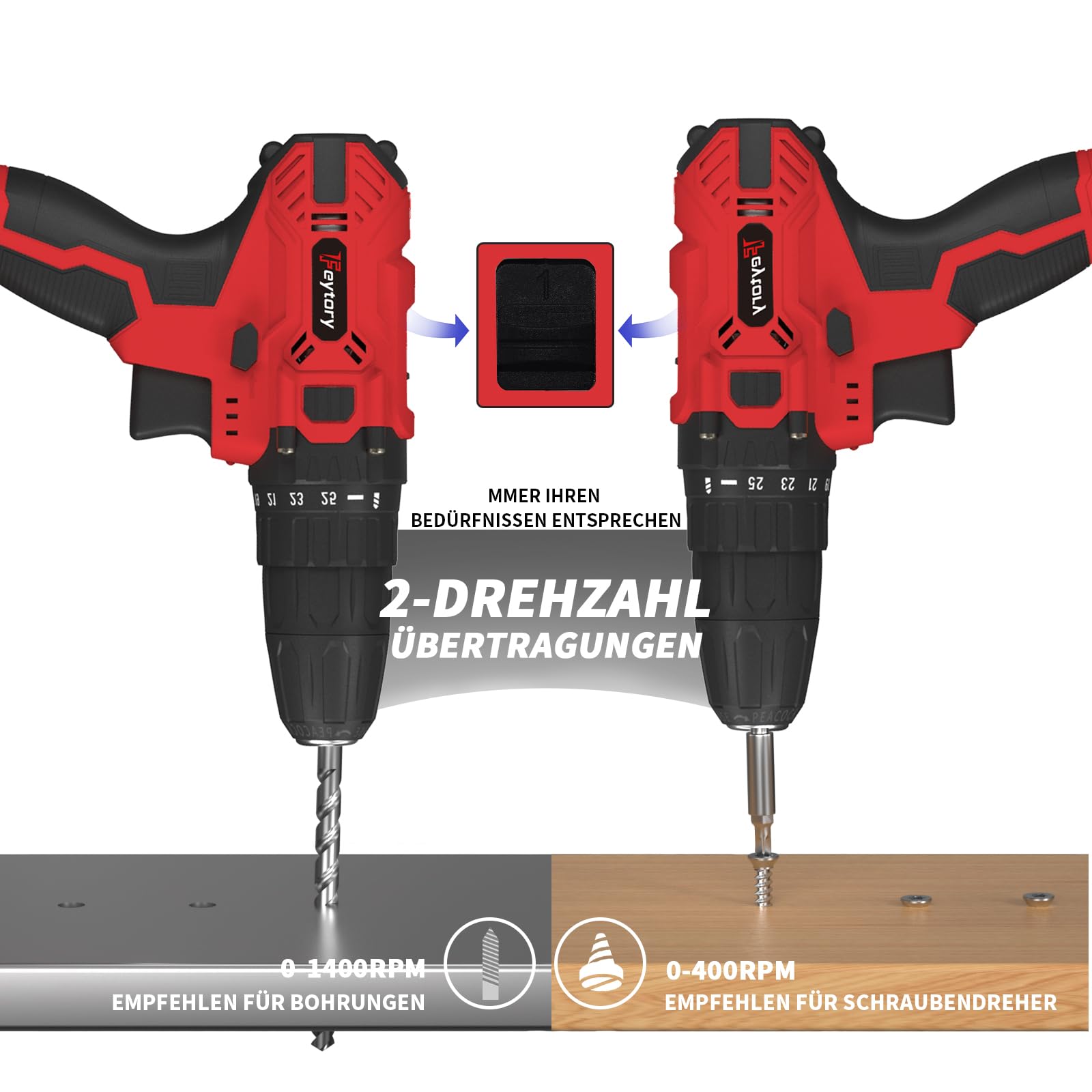 Wiertarko-wkrętarka akumulatorowa, 21 V, zestaw wiertarko-wkrętarek akumulatorowych z akumulatorem i ładowarką, szybkozaciskowy uchwyt wiertarski 3/8", 2 różne prędkości, 25 + 1 pozycji, bity do