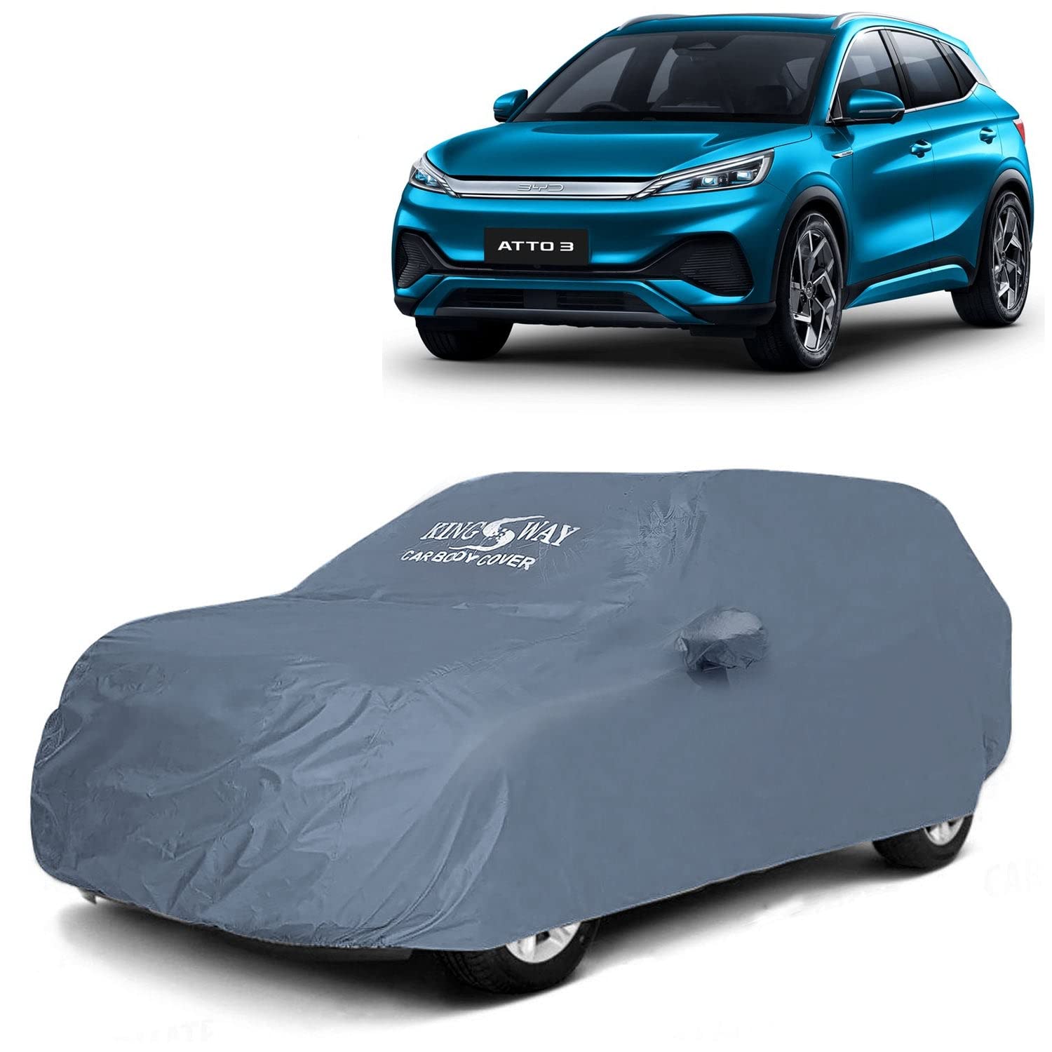 KINGSWAY® ATTO 3 Car Body Cover Dustproof with Mirror Pockets for (Year 2022 Onwards), Compatible with BYD ATTO 3 Car Cover, Comes with Bird Poop, Scratch, UV and Paint Protection, Grey Matty