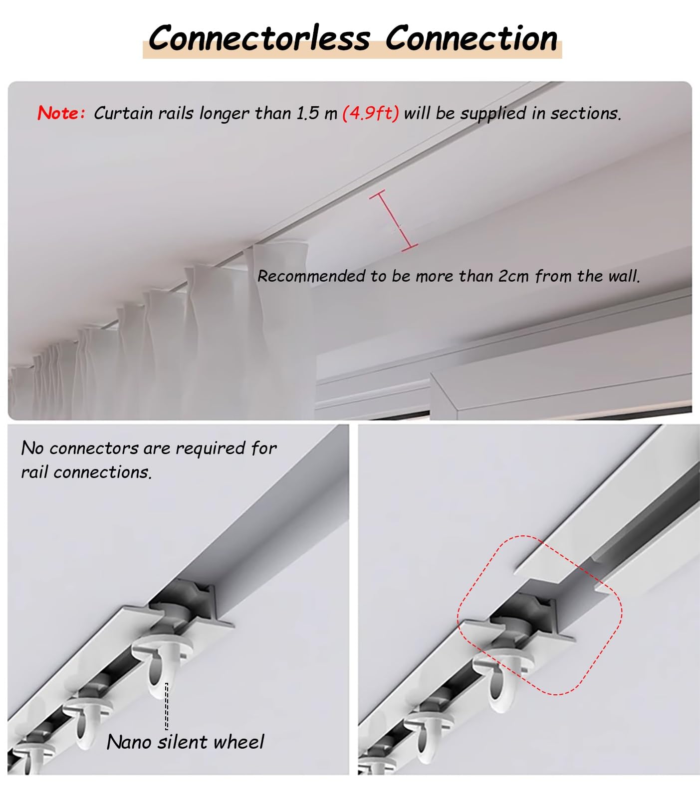 Rail Rideaux Plafond Kit de Rail Coulissant pour Rideaux Encastrés et Cachés, Système de Rail de Rideau de Plafond en Métal Occultant, Support de Tringle à Rideau Encastré pour Salon / Cuisine(1.2m/3.