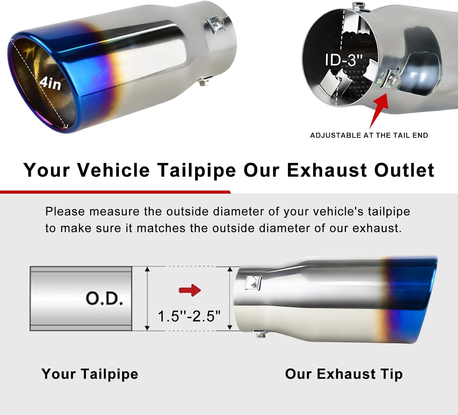 3 to 4 inch Blue Burnt Exhaust Tip, 3" Inlet 4” Outlet 9” Overall Length Exhaust Tips for 1.5" -2.5" O.D. Exhaust Tailpipe, Stainless Steel, Rolled Edge, Bolt on