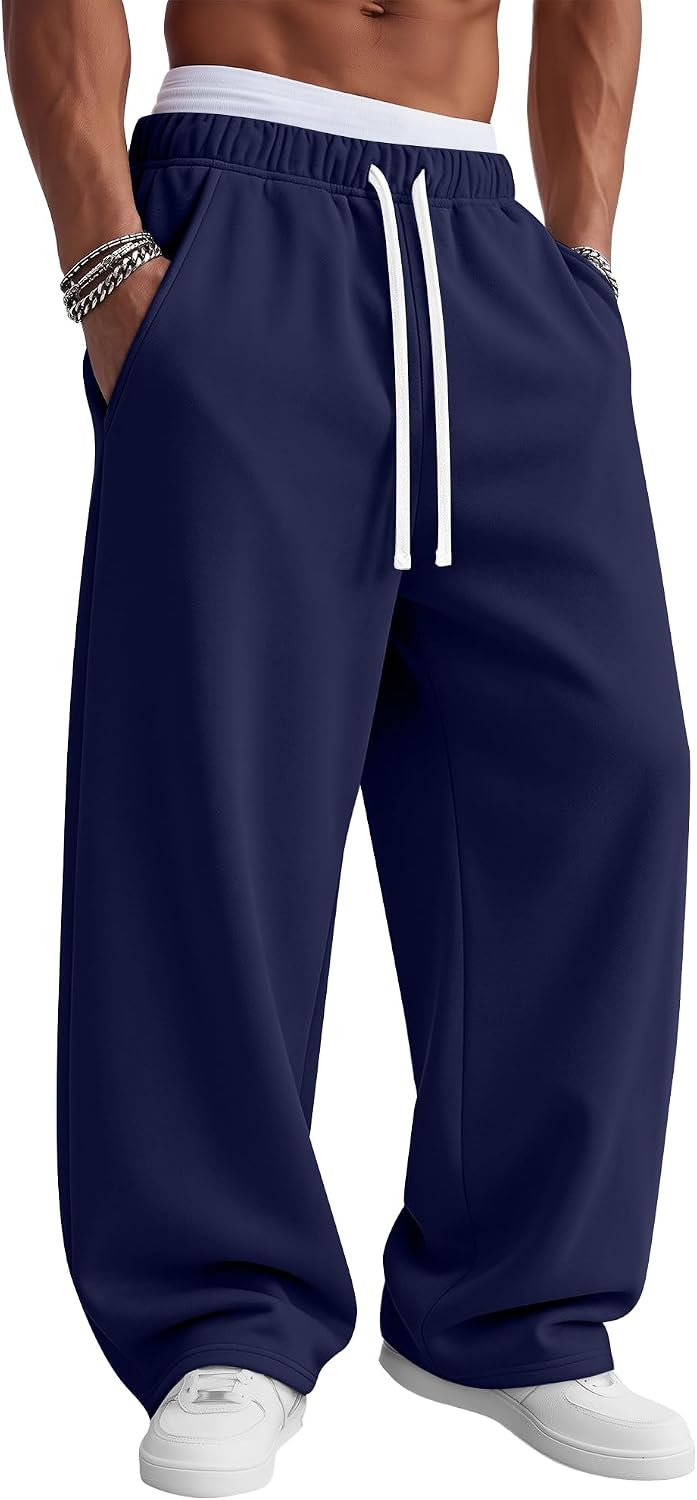 Men's Baggy Sweatpants Athletic Loose Wide Leg Elastic Waist Lounge Relaxed Open Bottom Joggers Pants with Pockets