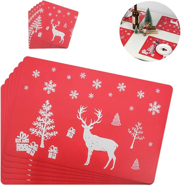 Kungfu Mall Christmas Placemats Cushions Cup Coasters Dining Table Mats Table Placemats Perfect for Christmas Decoration - 12pcs Red Elk