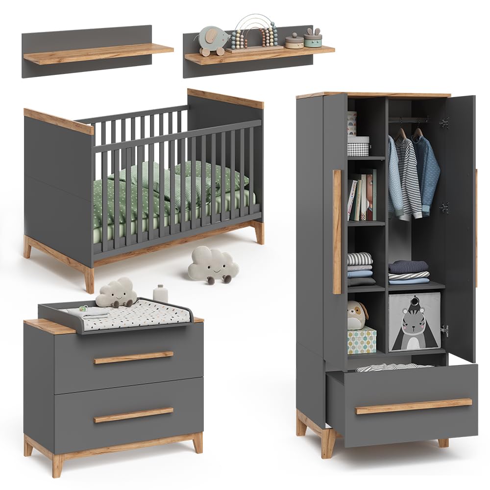 VitaliSpa Set de Chambre d'enfant Malia, Gris/chêne, Lot de 4, adapté à l’Extension avec d’Autres Meubles Malia