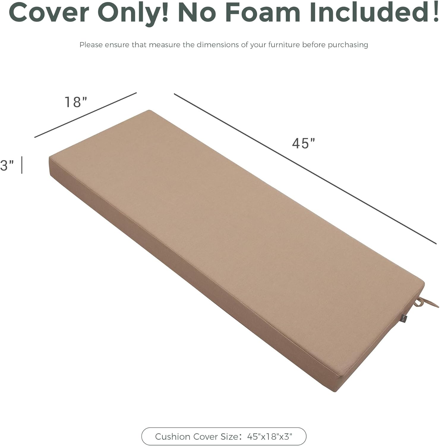 Magpie Fabrics Patio Bench Loveseat Cushion Covers (Replacement Cover only, No Insert!), Waterproof Fade Resistant Swing Cushion Slipcover with Ties(45x18x3 Inch, Khaki)