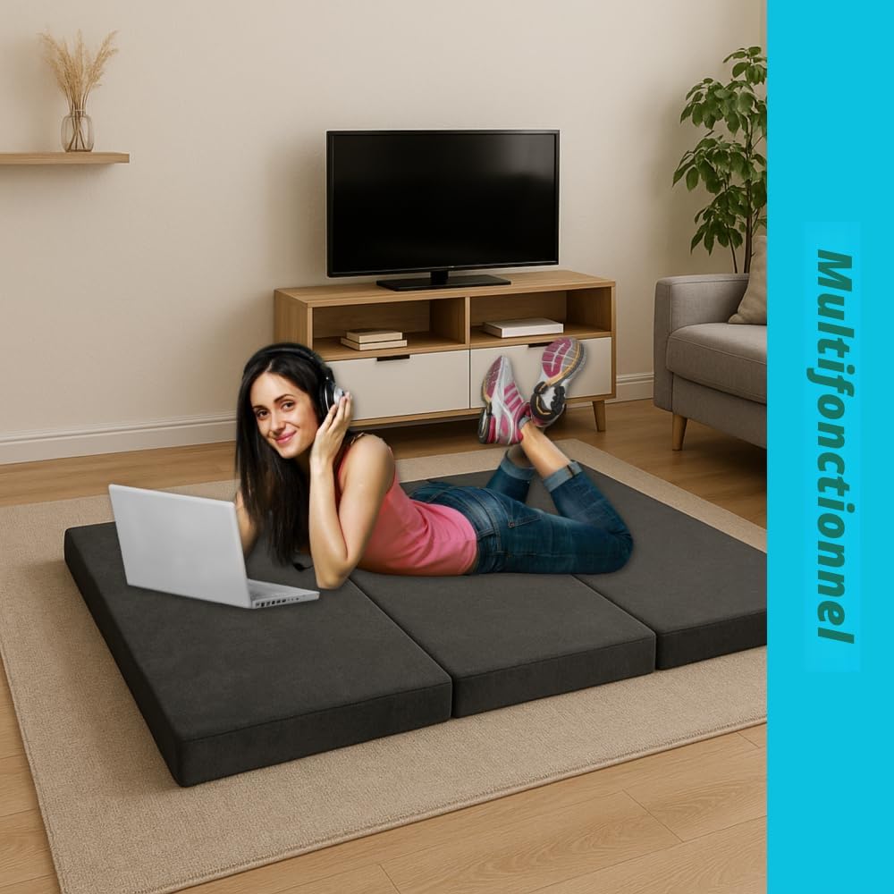 Fortisline Matelas d'appoint Pliant lit d'appoint lit d'invité futon Pouf 195x80x9 cm Couleur Gris