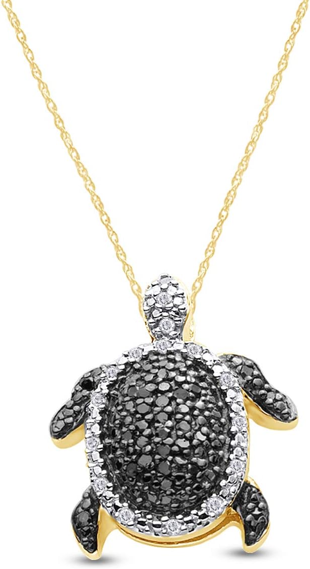 1/4 Natural Round-Cut Black & White Diamond Turtle Pendant In 14K Gold Over Sterling Silver (0.25 Cttw, I2-I3 Clarity)