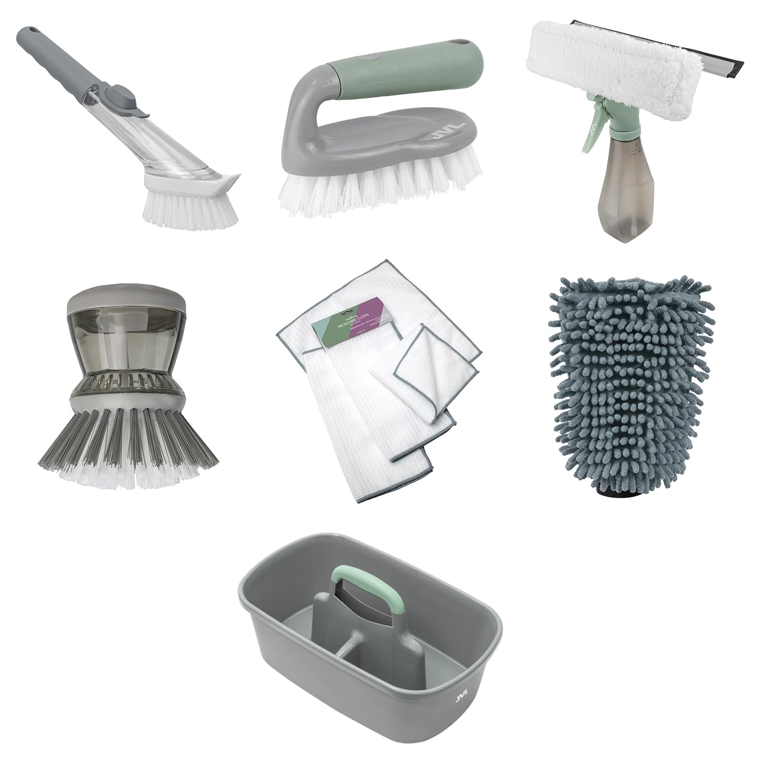 JVL Cleaning Caddy Set with Soap Dispensing Dish Brush, Scrubbing Brush, Microfibre Cloth, Microfibre Cleaning Mitt & 3 in 1 Window Squeegee Household Cleaning Kit