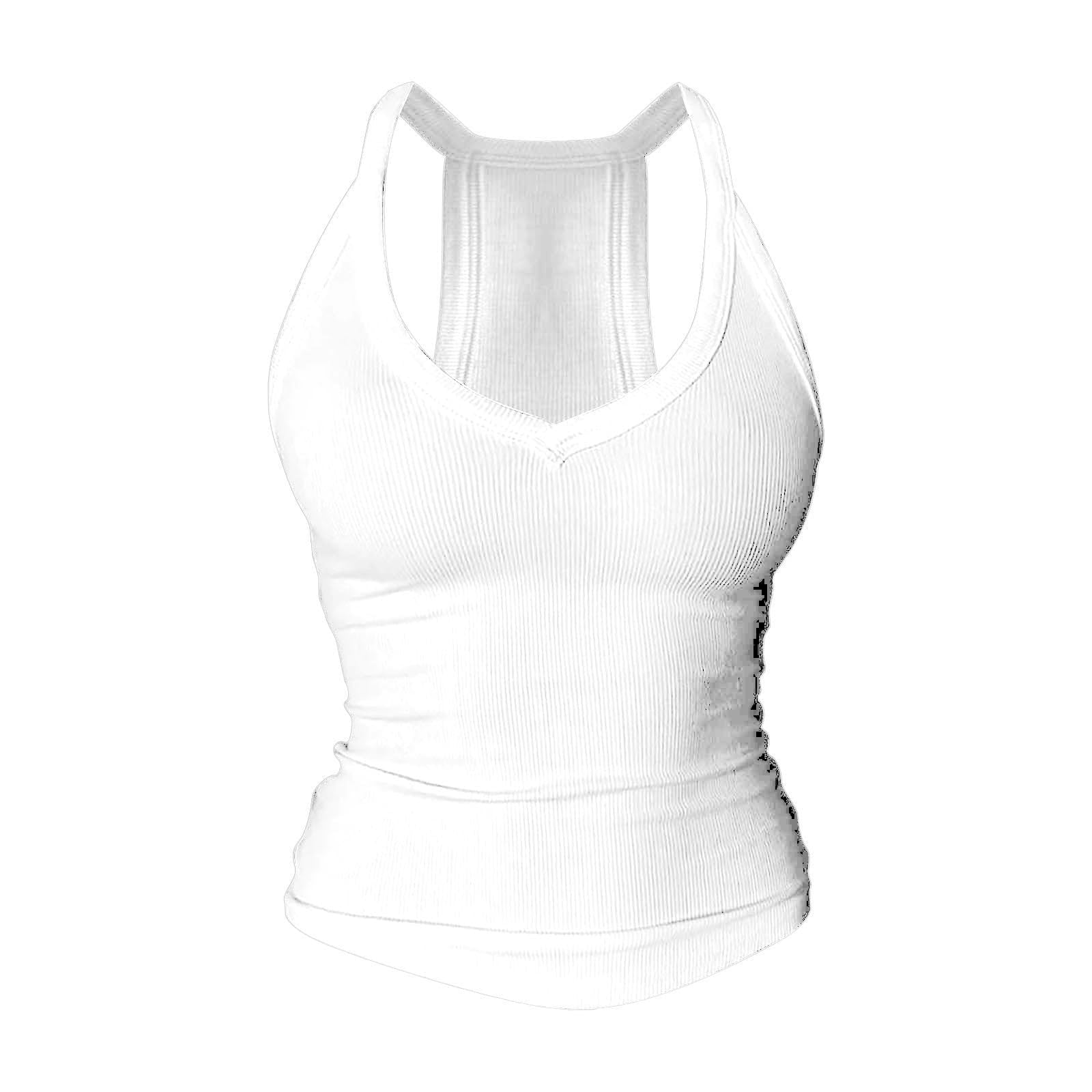 Generico Confezione da 3 Pezzi - Canotta Donna Scollo A V Racerback, Canottiera A Costine Imbottita Lunga, Tank Top Slim Fit Aderente Senza Maniche, Maglietta Allenamento Palestra Yoga Basic Estiva