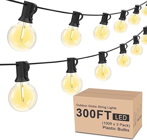 RTTY Guirnalda de luces para exteriores de 300 pies, paquete de 3 luces LED G40 de 100 pies para patio con 52 bombillas de plástico, impermeables,