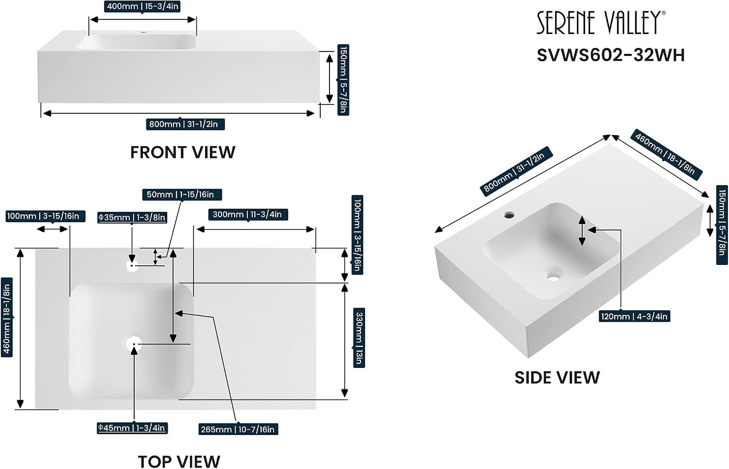 Serene Valley Bathroom Sink, Wall-Mount or On Countertop, 32" with Square Sink and Flat Space, Single Faucet Hole, Solid Surface Material