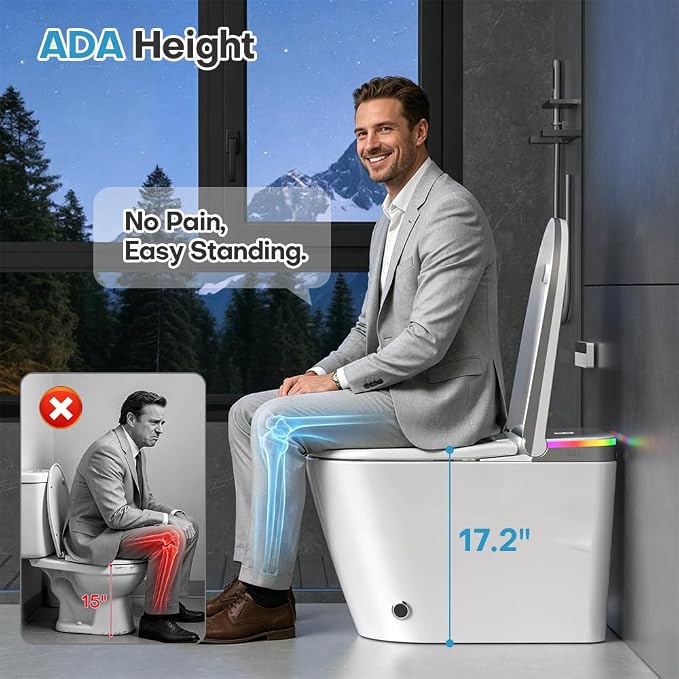 Inodoro inteligente HYGINA con bidé y tanque incorporado, tapa automática de apertura y cierre, asiento calefactado, secador de aire caliente, escudo de espuma, altura ADA, descarga automática, inodoro monobloque alargado miniatura 8