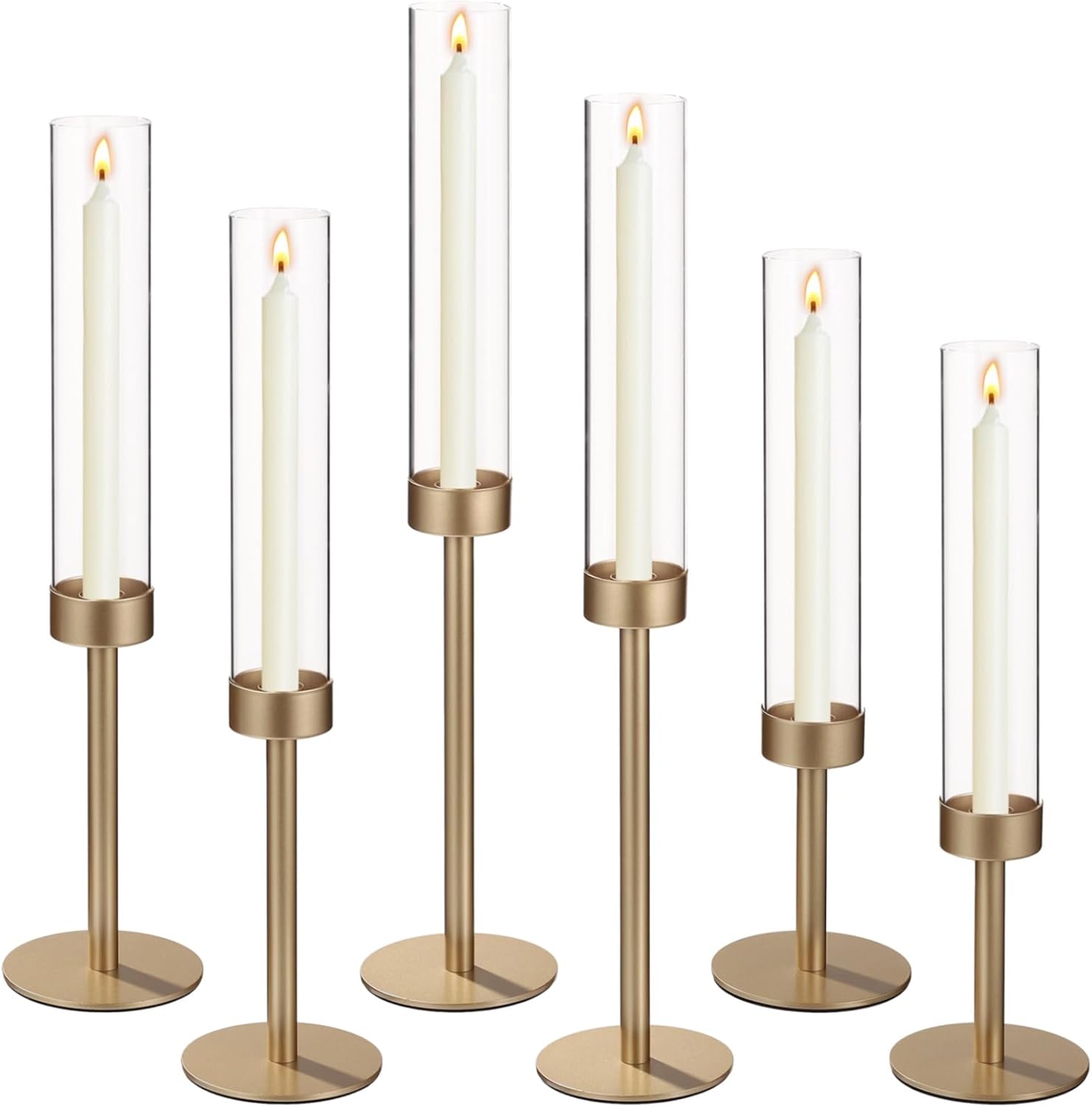 6 Pcs Glass Hurricane Candle Holders - Windproof Glass Candle Holders, Matte Gold Cylinder Candle Stick Stands, 3 Heights, Table Centerpieces for Dinner Parties, Weddings